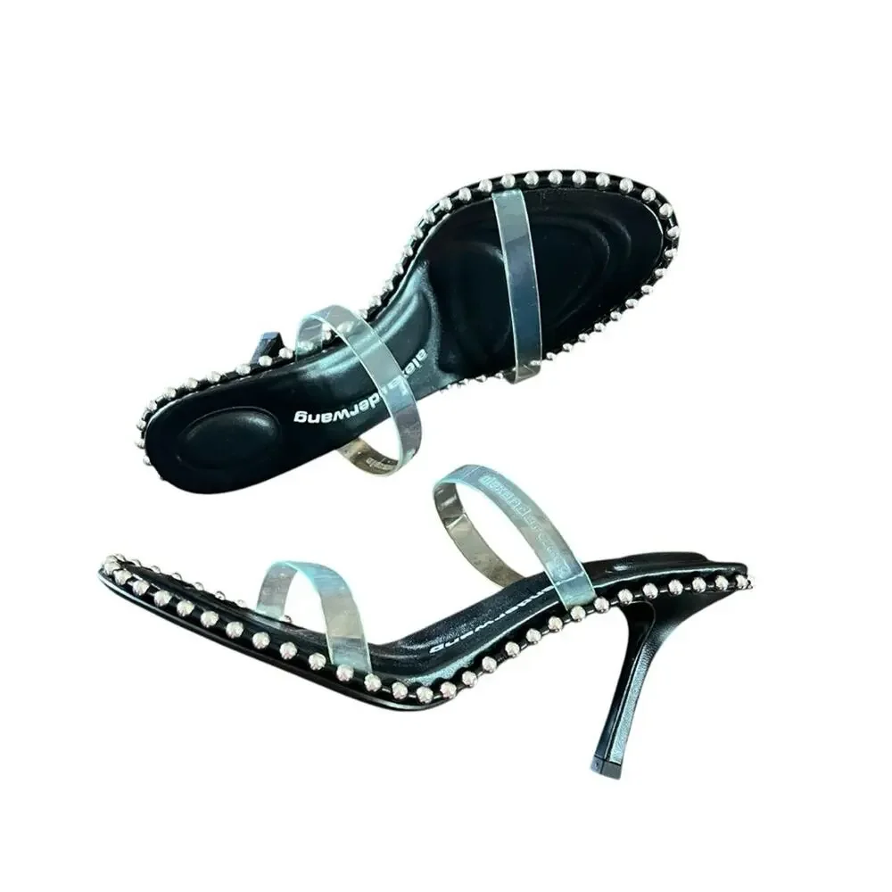 Alexander Wang Nova Slide Sandal Clear Strap Silver Beaded EU 37.5 US 7.NEW